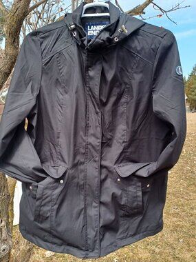Lands End Black Hooded Lightweight Jacket Drawstring Pockets Womens Size XL